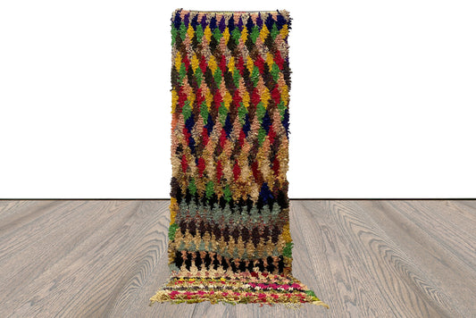 3x10 Boucherouite Moroccan Berber Diamond colorful Long runner Rug.