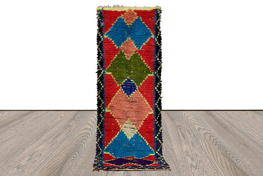 Vintage narrow colored runner Rug, 3x9 Morrocan diamond Rugs.