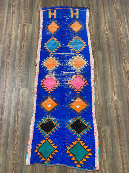 Tapis de couloir berbère bleu marocain vintage 7x3.