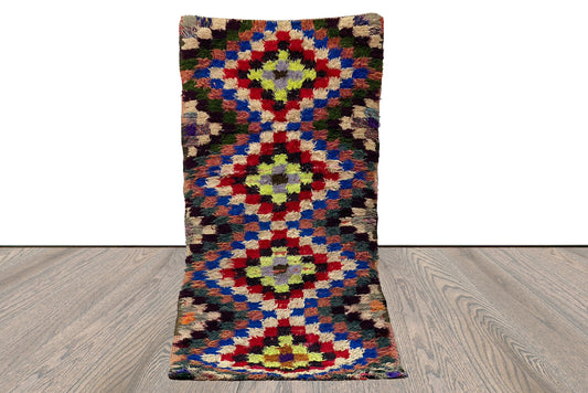 Checkered Small narrow Moroccan runner rug, 3x5 Vintage colorful runners Rug.