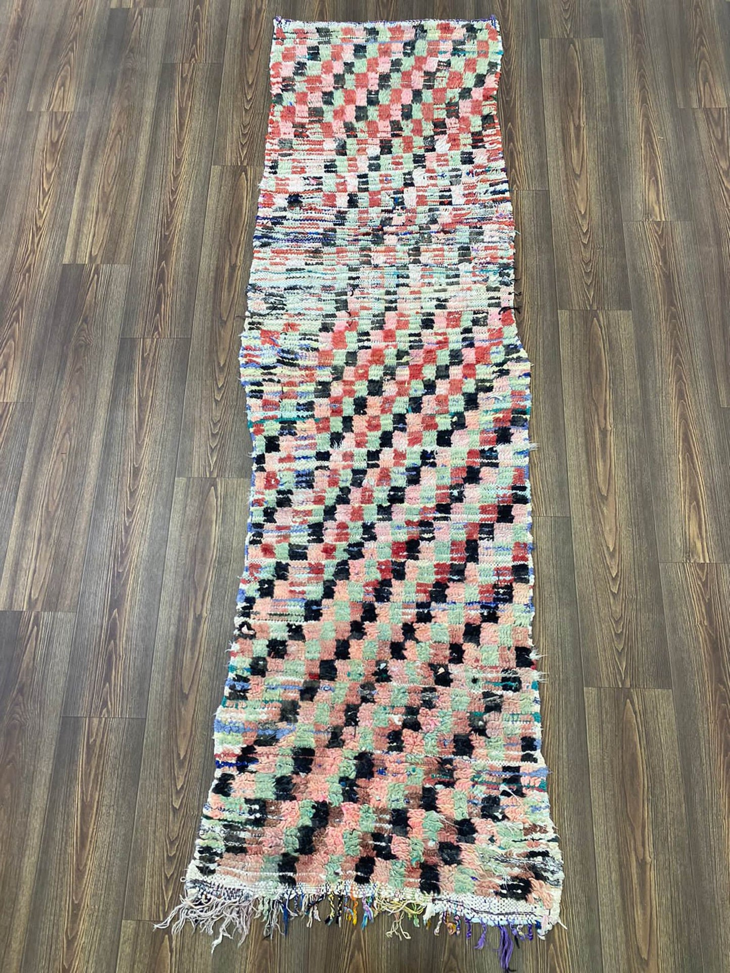 Tapis berbère à carreaux étroits, 3x8 Tapis de couloir étroit à carreaux délavés marocains.