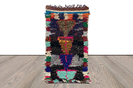 Vintage Small colorful Moroccan Rug, 2x5 Boucherouite narrow runner Rug.