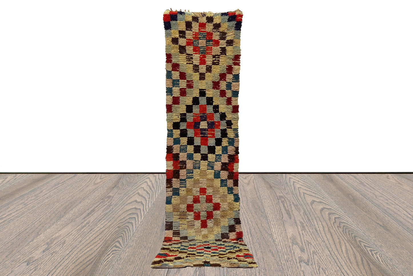 3x12 Checkered Colorful Moroccan runner Rug, Extra long narrow worn Rug.