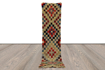 3x12 Checkered Colorful Moroccan runner Rug, Extra long narrow worn Rug.