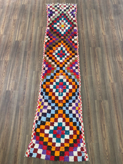 Tapis de couloir marocain vintage à carreaux 3x9.