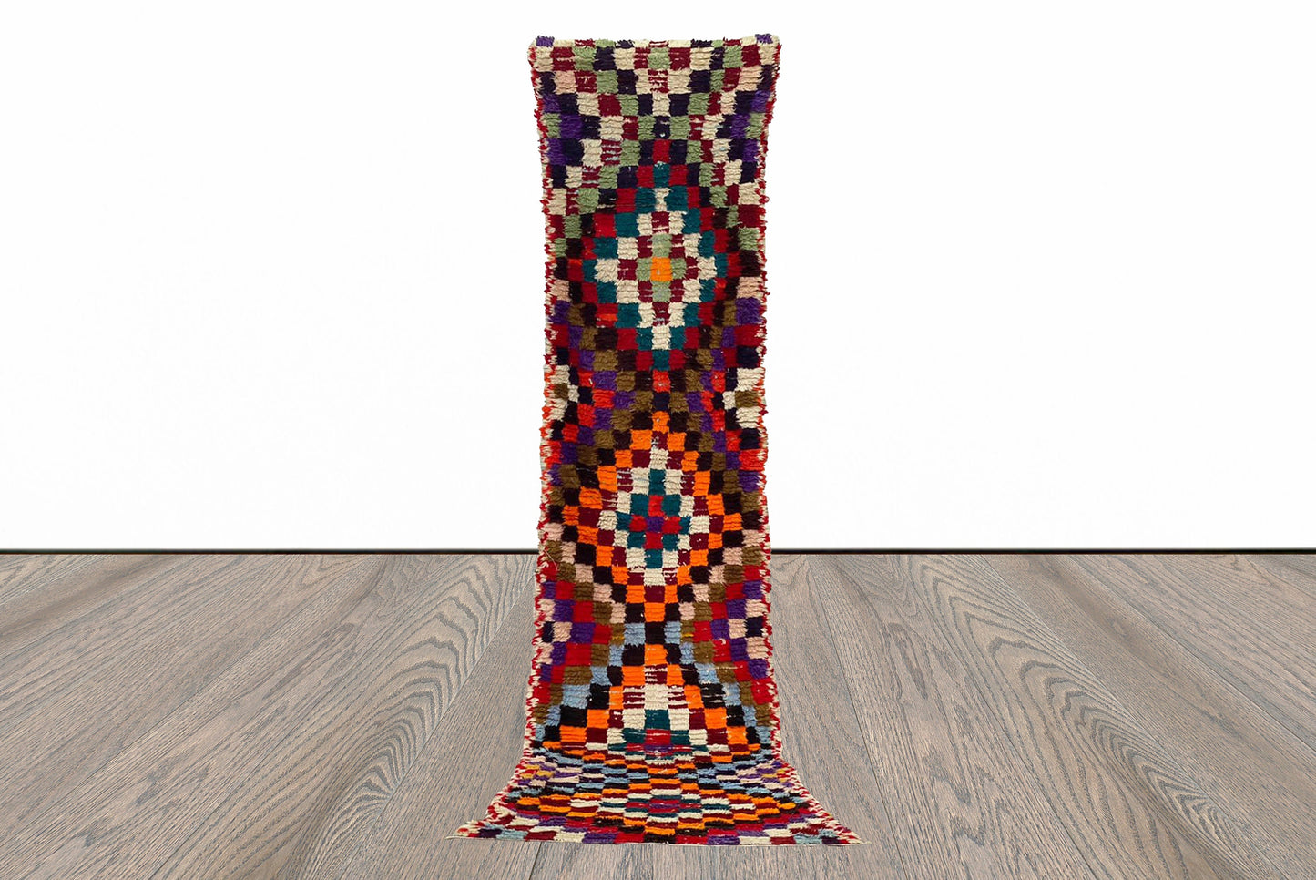 Tapis de couloir marocain vintage à carreaux 3x9.