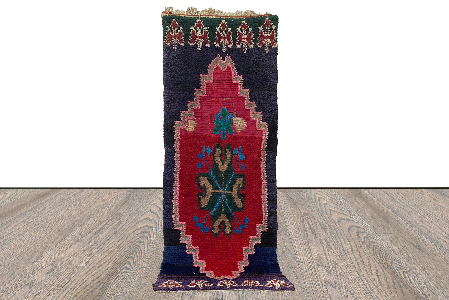 2x7 Small vintage Moroccan red and blue narrow small runner Rugs.