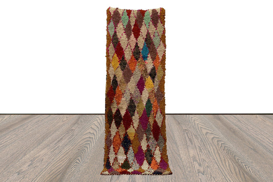 2x7 Berber Diamond colorful shag Rugs, Moroccan Boucherouite Vintage narrow runner Rug.