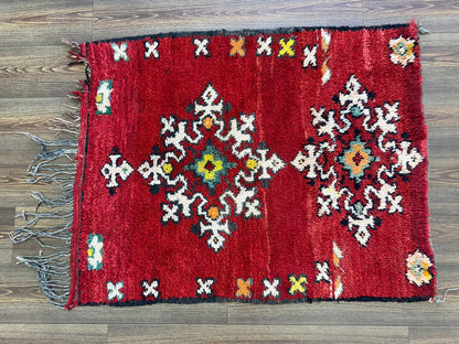 3x4 Small Woolen Red vintage area Rug, Moroccan Berber Handwoven Rug.