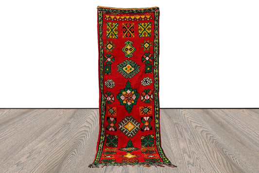 2x7 Cotton Handwoven red Vintage Rug, Berber Moroccan runner Rug.