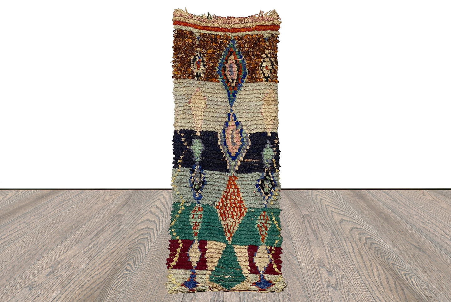 Tapis Boucherouite losanges colorés extra étroit. Tapis berbère marocain ancien 2x7.