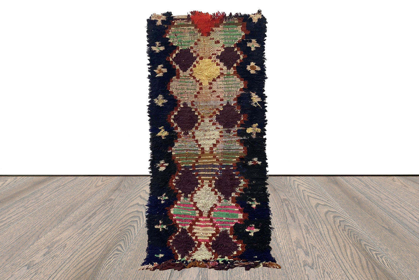 2x6 Moroccan Handwoven black narrow small runner Rug, Vintage Berber worn diamond Rugs.