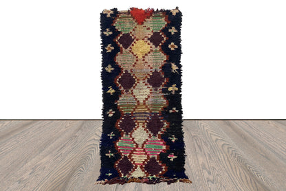 2x6 Moroccan Handwoven black narrow small runner Rug, Vintage Berber worn diamond Rugs.