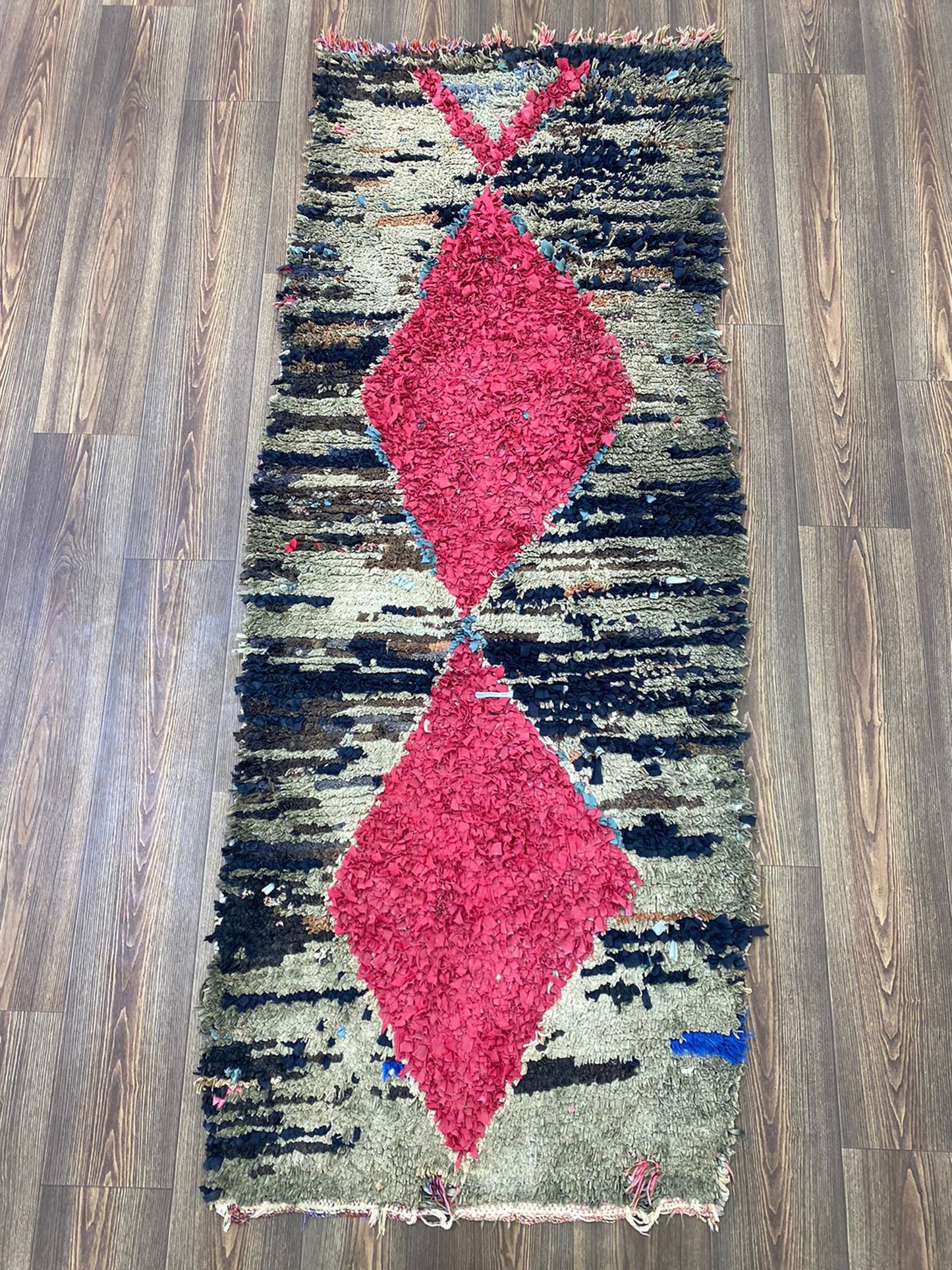 Boucherouite colorful Woven Rug, 3x7 Moroccan Berber old narrow runner Rugs.