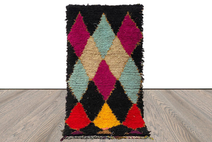 Tapis de couloir marocain coloré 3x5 petits diamants, tapis de couloir berbère tissé à la main.