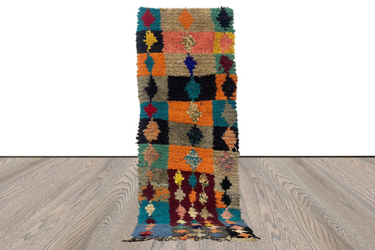 Tapis shag bohème vintage 3x8, tapis de couloir marocain.