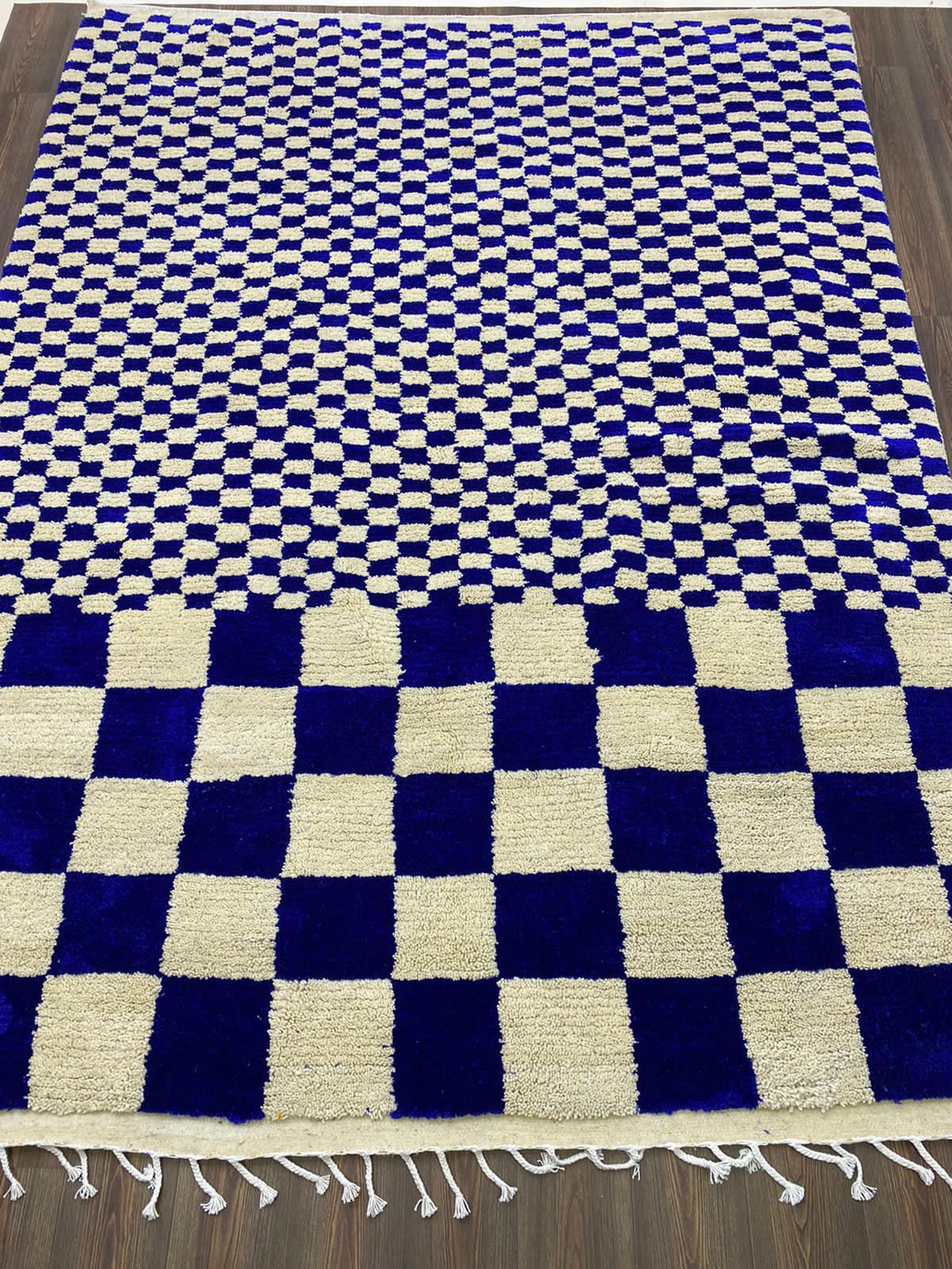 Stylish Blue and White Checkered Wool Rug - Irregular Moroccan Checkerboard Pattern