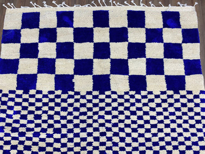 Stylish Blue and White Checkered Wool Rug - Irregular Moroccan Checkerboard Pattern