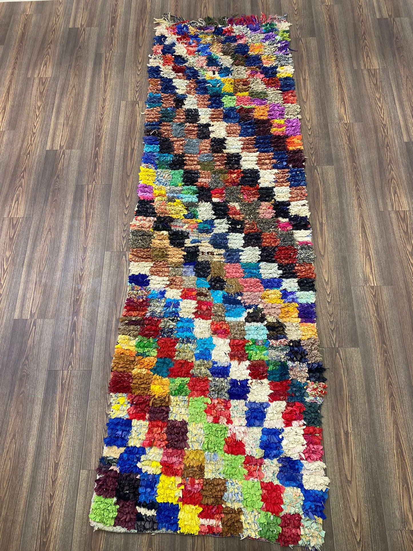 Tapis de couloir marocain en coton à carreaux 3x9.