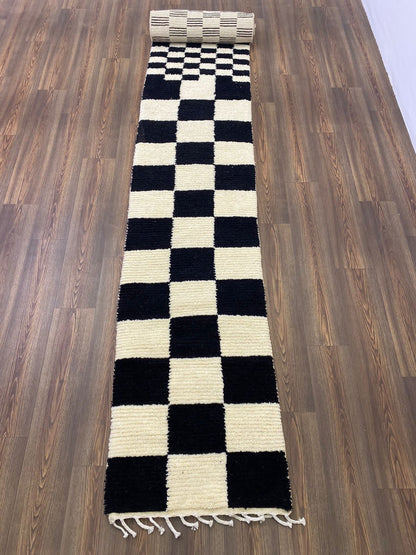 Irregular rug, Checkered runner rug. Moroccan Berber wool rugs runners.