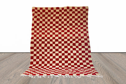 Red and white checkered rug, large Moroccan Berber checker area rug, morocco checkerboard rug, modern kitchen rug.