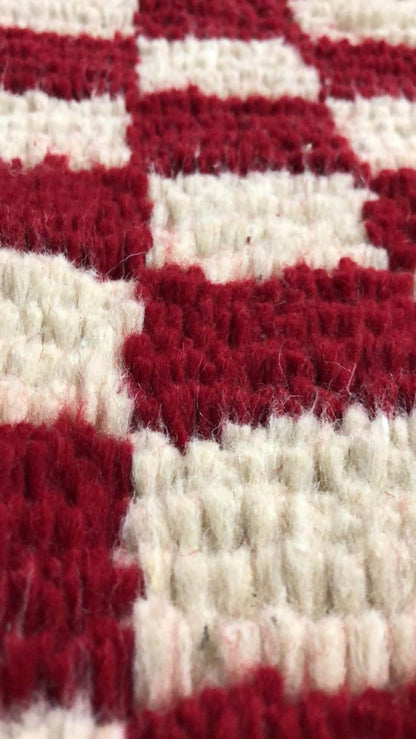 Red and white checkered rug, large Moroccan Berber checker area rug, morocco checkerboard rug, modern kitchen rug.