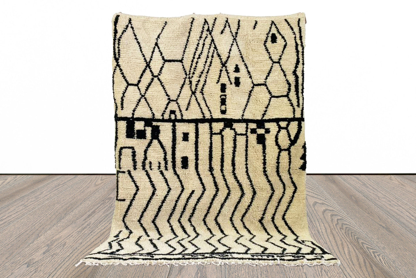 Handmade Moroccan cutsom rug, Berber beni ourain black and off-white area rug.