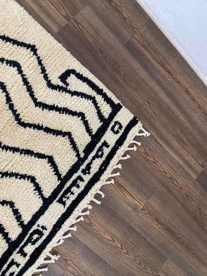 Handmade Moroccan cutsom rug, Berber beni ourain black and off-white area rug.