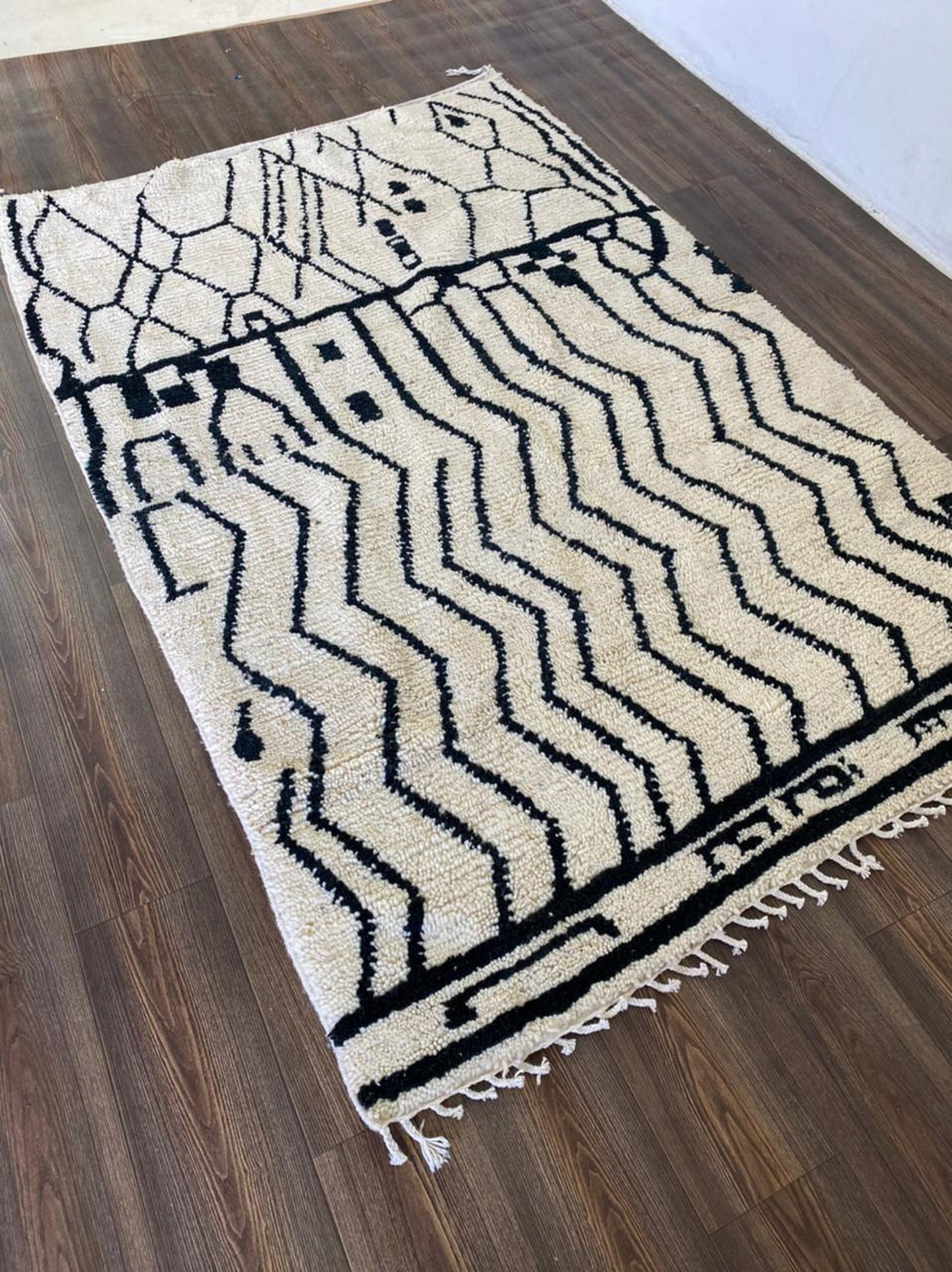 Handmade Moroccan cutsom rug, Berber beni ourain black and off-white area rug.