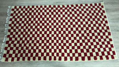 Red and white checkered rug, large Moroccan Berber checker area rug, morocco checkerboard rug, modern kitchen rug.