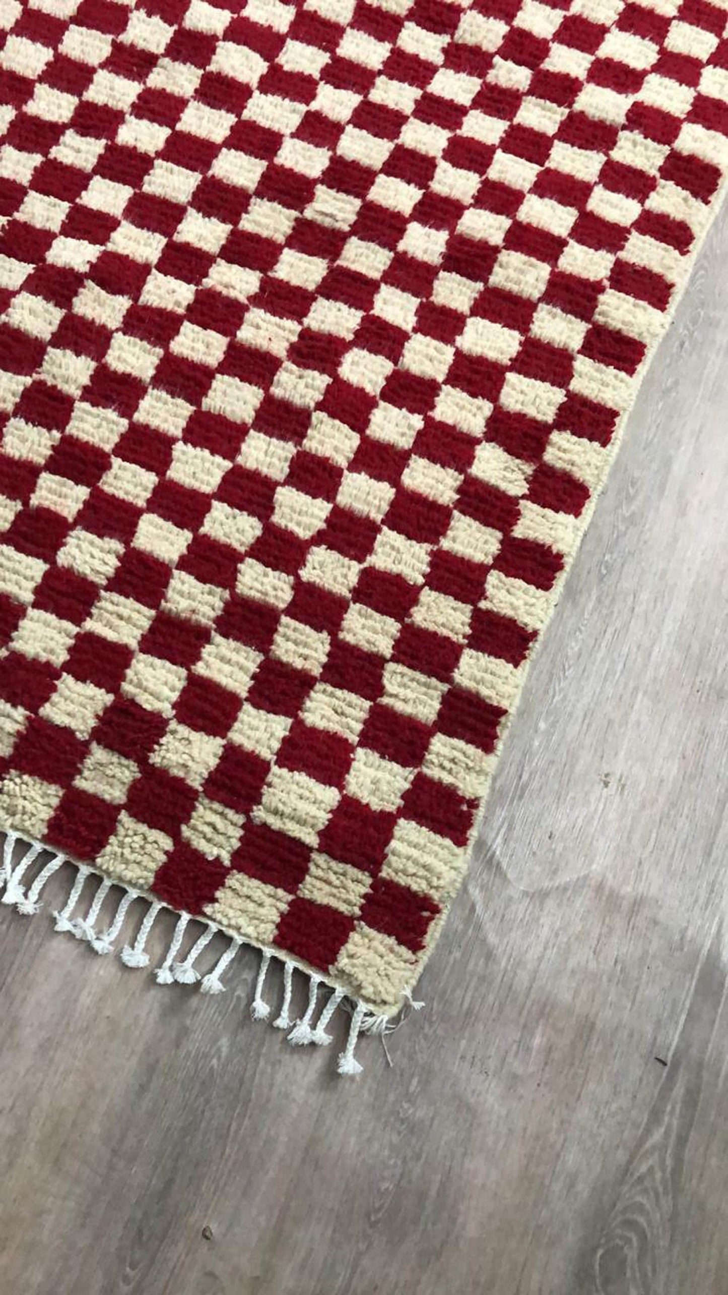 Red and white checkered rug, large Moroccan Berber checker area rug, morocco checkerboard rug, modern kitchen rug.