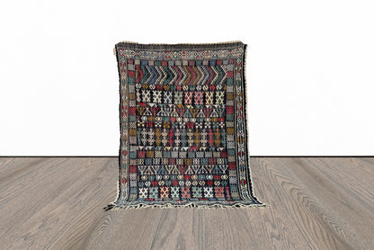 Petit tapis marocain tissé à plat vintage 3x4.