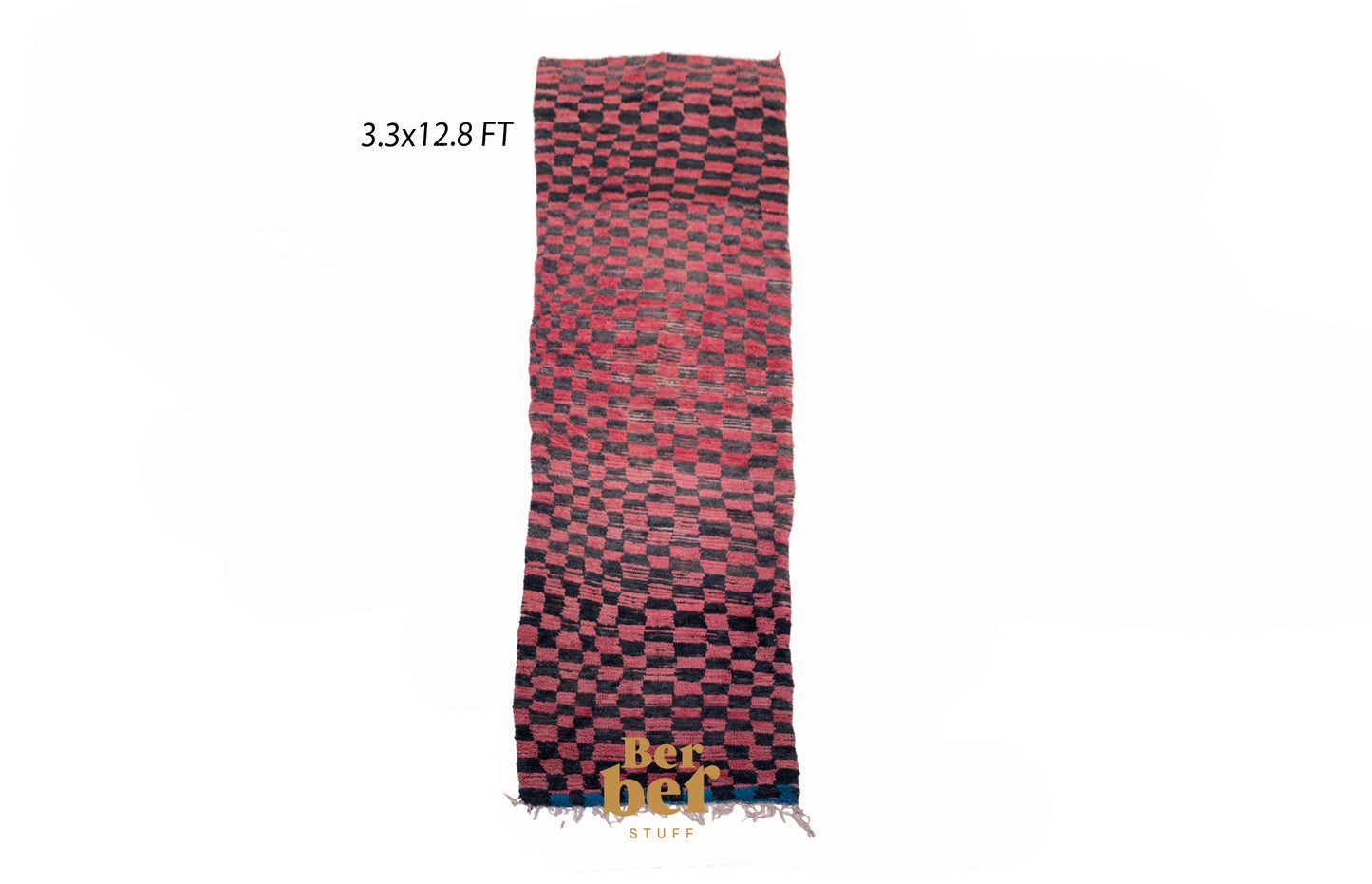 Tapis de couloir marocain à carreaux long rouge et noir 3x13 pi.