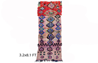 Tapis Boucherouite coloré 3x8, long tapis marocain.