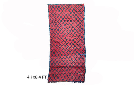 Vintage red grid 4x8 rug runner, Narrow Moroccan runner rug.