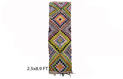 Tapis de couloir marocain coloré 3x9, tapis de couloir à carreaux et losanges.