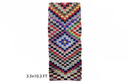 Checkered vintage 4x10 runner rug, colorful Berber rug runner.