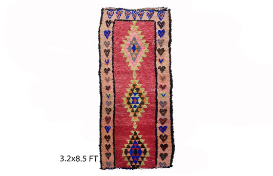 Tapis de couloir vintage coloré 3x9, tapis de couloir marocain à losanges.