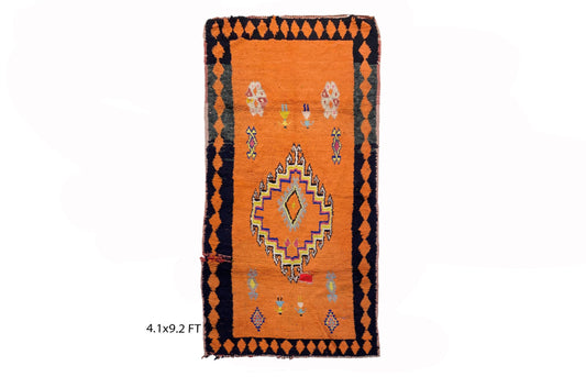 Tapis de couloir tissé vintage marocain, tapis de couloir orange 4x9.