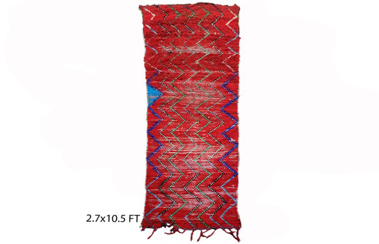 Tapis de couloir marocain berbère rouge 3x10,5, long tapis de couloir vintage.