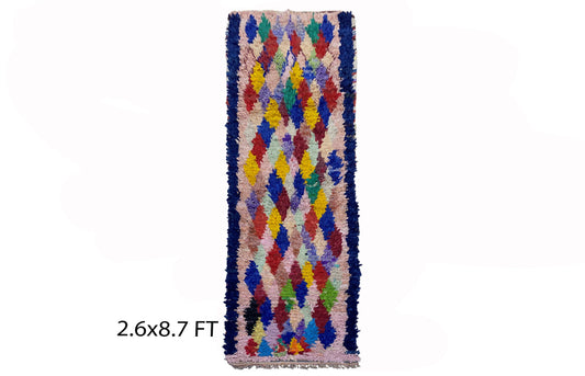 Tapis de couloir marocain étroit 3x9, tapis de couloir vintage coloré à losanges.