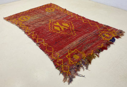 Moroccan red area rug 4x7, vintage Berber worn rug.