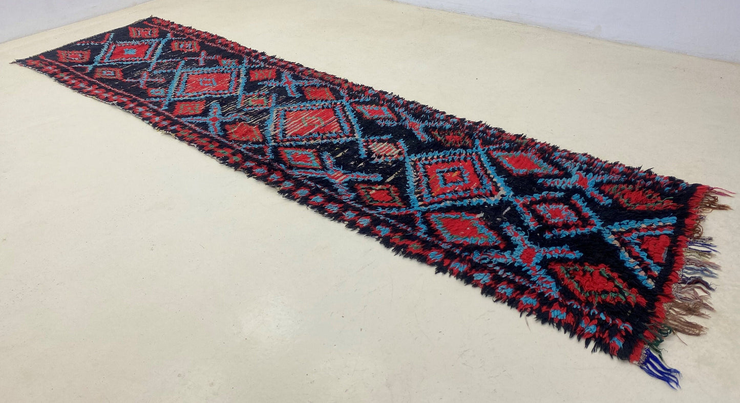 Tapis long à losanges 3x11, tapis de couloir vintage marocain.