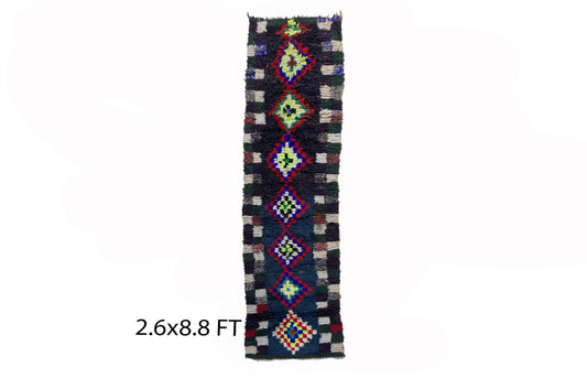 Tapis de couloir marocain multicolore 3x9, long tapis de couloir vintage.