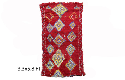 Tapis rouge marocain 3x6, tapis diamant vintage.