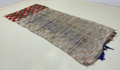 Checkered vintage runner rug 3x8, Moroccan Berber rug runner.