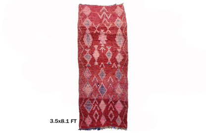 Tapis de couloir vintage rouge marocain 4x8, tapis de couloir berbère étroit.