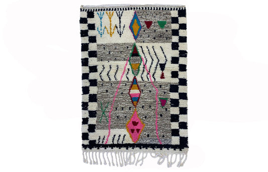 Custom Abstract Moroccan Berber Rug , Handwoven Wool Rug with Fringes.