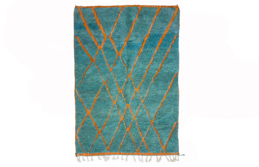 Tapis berbère marocain tissé à la main bleu sarcelle et orange, tapis en laine géométrique pour une décoration intérieure moderne.