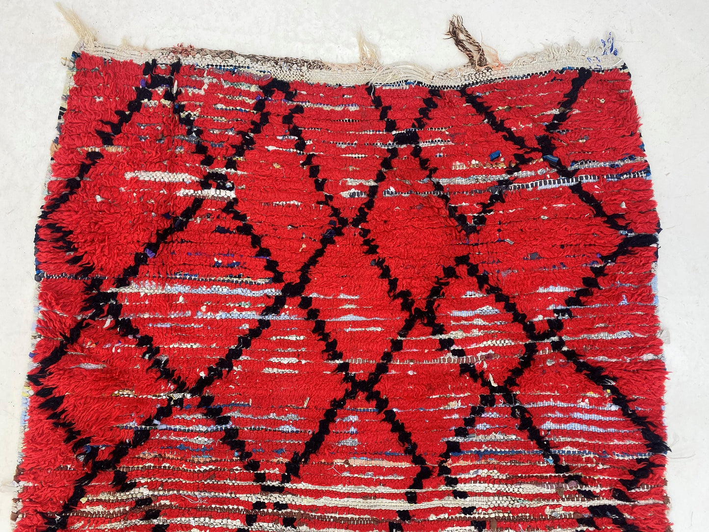 Bold Red with Black Diamond Pattern 4x8.5 Rug, Handwoven Vintage Moroccan Rug.